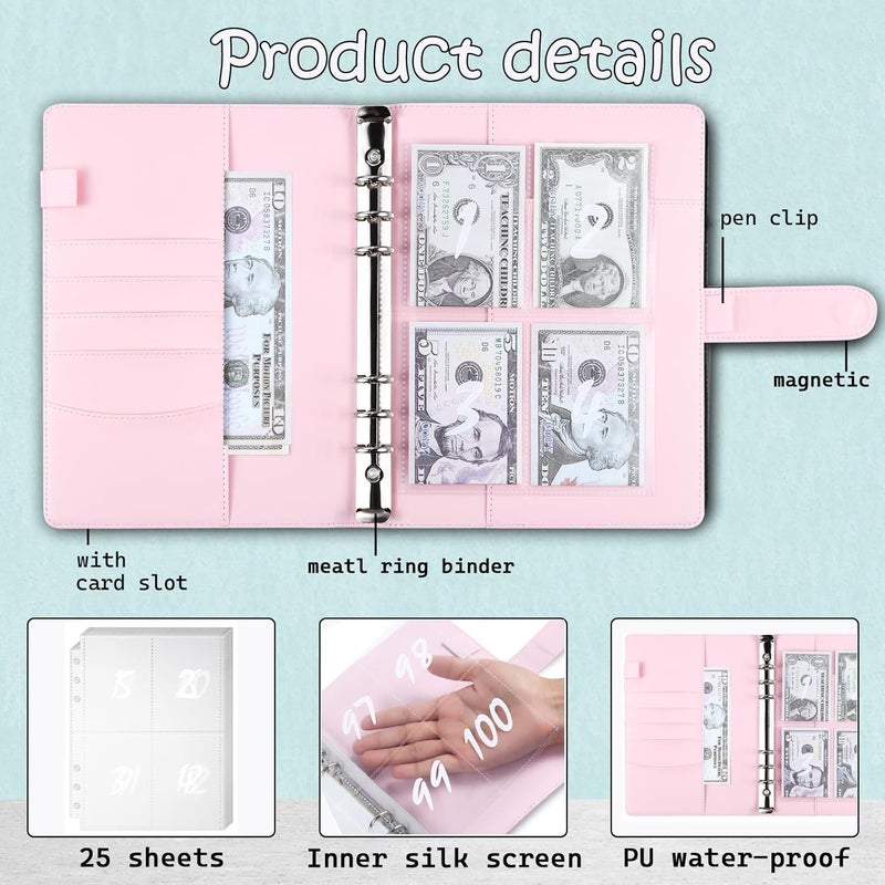 MUQING 100 Envelope Challenge Binder, 25 Sheets Silkscreen Numbers to 100, Not Stickers, Reusable Tracker, Easy and Fun 100 Envelopes Money Saving Challenge Save $5050, Budget Planner & Saving Money (Pink) - Image 4